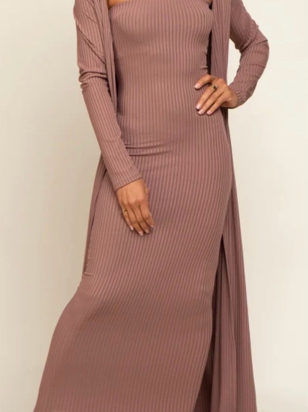Mocha Ribbed Sleeveless Dress Cardigan Maternity Set